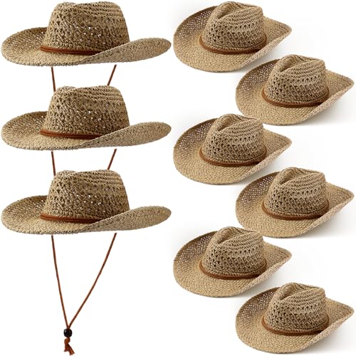 Newcotte 9 Pack Straw Cowboy Hats for Women Western Cowgirl Beach Sun Hat Bulk with Windproof Rope for Party Travel(Khaki)