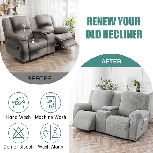 Image of Genina Recliner Loveseat Covers with Console, Stretch Reclining Sofa Covers, 2 Seater Couch Cushion Stripe Jacquard Recliner Slipcovers - Furniture Protector Covers for Pet Kid (Light Gray)
