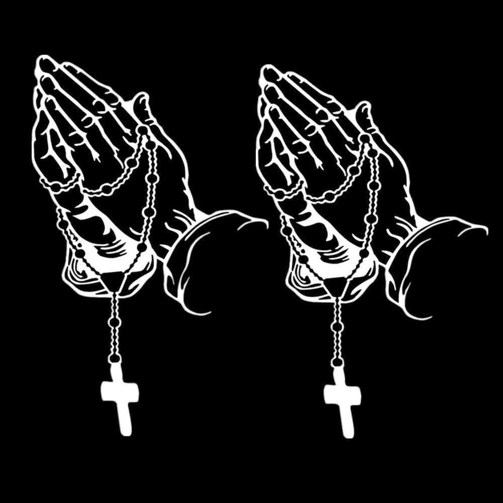 Rzcin White 2Pcs Hands Praying Pearl Jesus Car Sticker, Waterproof Christ Decal Stickers For Laptop Motorcycle Door Wall Decoration Automotive Stickers Bumper Stickers, Personalized Rosary Car Sticker