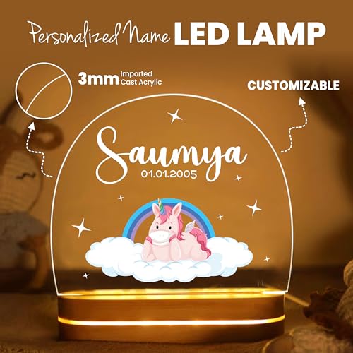 Image of PRINTHUA Plastic Personalized LED Night Table Lamp with Custom Name,Unique Gift for Women,Men,Kids,Girlfriend,Boyfriend,Husband,Wife,Perfect for Birthdays,& Special Occasions (Cute Unicorn),White