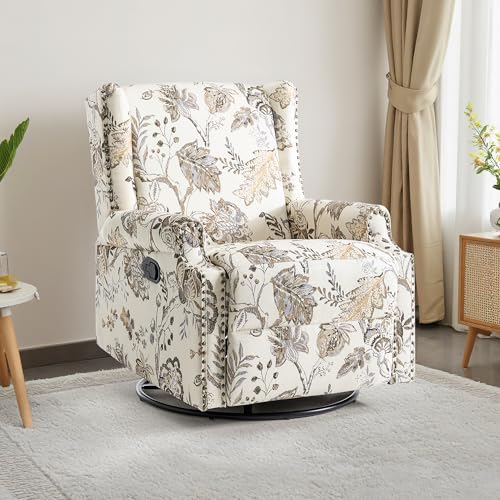Image of Swivel Rocker Recliner Chair, 360 Swivel Wingback Recliner Chairs for Adults, Upholstered Printed Fabric Glider Rocking Chair with High Back, Deep Seat for Living Romm Bedroom, Plants Beige