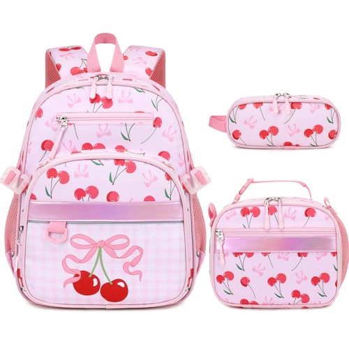 Similove Toddler Backpack for Girls Ages 5-8 3PCS Girls Backpack with Lunch Bag & Pencil Case - 15inch Kids School Bookbag for Preschool Kindergarten Elementary School (Cherry)