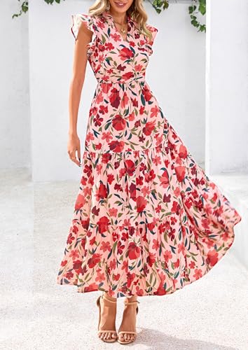 Image of PRETTYGARDEN Women's 2026 Summer Floral Midi Dress Cap Sleeve V Neck Ruffle Long Flowy Boho Casual Beach Vacation Dresses
