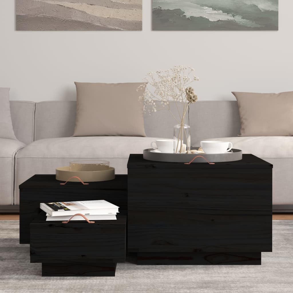 Juego de 3 cajas de almacenamiento de madera maciza de pino, color negro, con tapas y asa, para organización de almacenamiento doméstico, diferentes tamaños