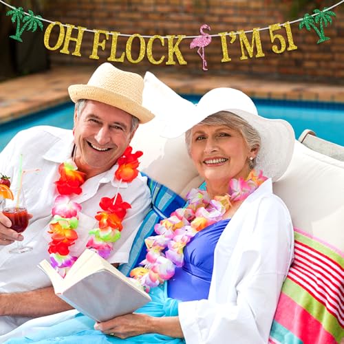 Image of Oh Flock I'm 51 Banner, Glitter Happy 51st Birthday Anniversary Party Decorations, Pineapple Party Decor, Hawaiian Luau Tropical Aloha 51 Theme Party Photo Props