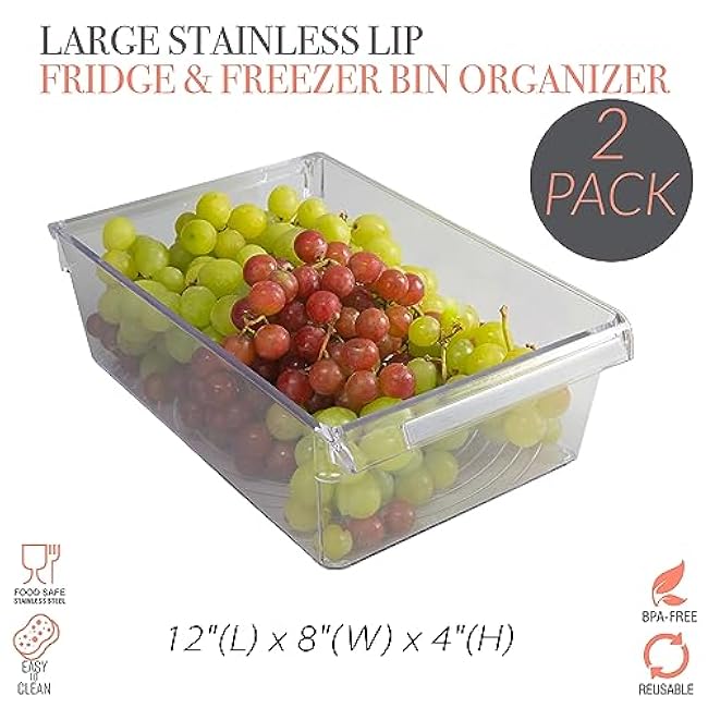 Kitchen Details 2 Pack Large Refrigerator Storage Bin | Fridge & Freezer | Kitchen Organization | Stainless Steel Handle | Countertop | Cabinets | Pantry | Clear
