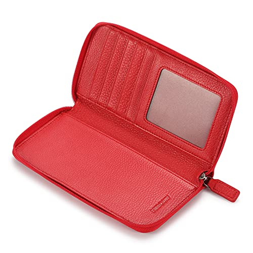 Image of HISCOW Leather Checkbook Cover, Zippered Wallet, Pebbled Red | Full grain cowhide, 5cc & ID window, personal check book & register pockets, removable duplicate divider, women secure zipper