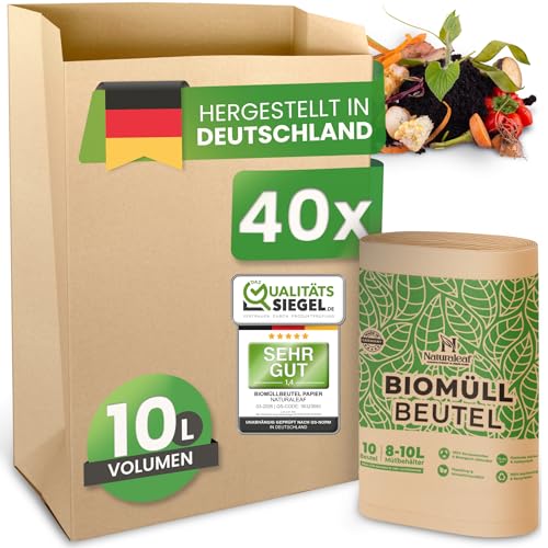 NATURALEAF Biomüllbeutel 10L | 40 Stück | Bio Müllbeutel mit optimaler Stärke & Haltbarkeit | Kompostierbare Müllbeutel - die nachhaltige Entsorgungslösung für Gastronomie & Haushalt
