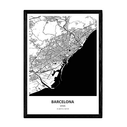 Nacnic Affiche avec carte de Barcelone - Espagne. Sheets villes en Espagne avec les mers et les rivières en couleur noire. format A4