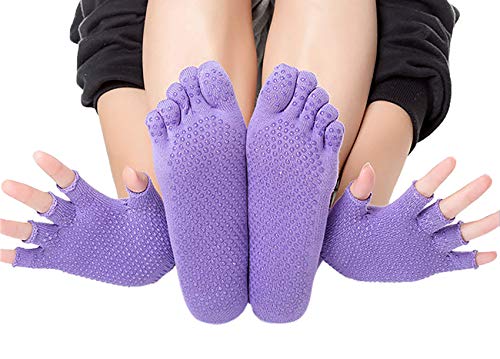 Yoga Socks and Gloves Set, Non Slip Yoga Gloves Socks with Grips for Women Girls, Barre Pilates, Five Toe Socks, Purple