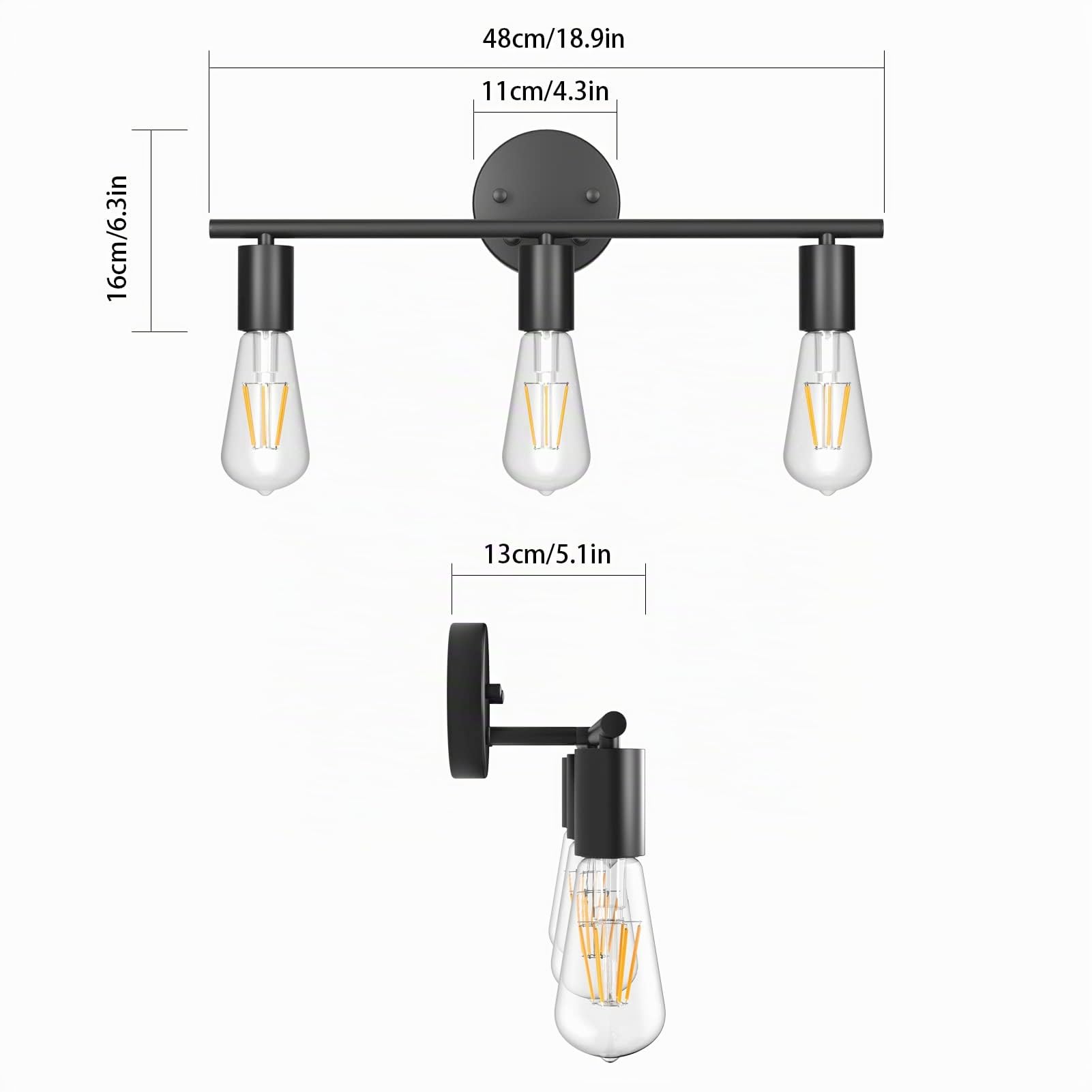 Klighten Lampada da Specchio per Bagno Industriale Vintage, Applique da Bagno con 3 Luci, Luce Specchio Bagno in Ferro Nero, Lunghezza: 48 cm/18.9 pollici, Attacco E27, Lampadina non Inclusa