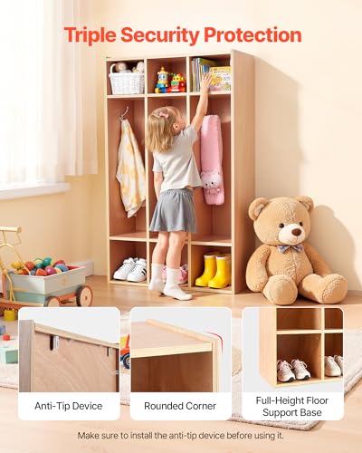 Image of VEVOR 3-Section Coat Locker, Kids Lockers with 6 Hooks & Non-Slip Mat, Classroom Cubbies for Daycare, Home, Kindergarten- Natural