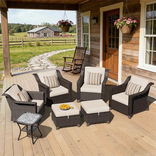 Image of 7 Piece Patio Furniture Set, Wicker Outdoor Conversation Set | Patio Chair Set with Olefin Removable Cushion, All-Weather Glider Swivel Chair Set with Deep Seat for Porch, Deck, Beige