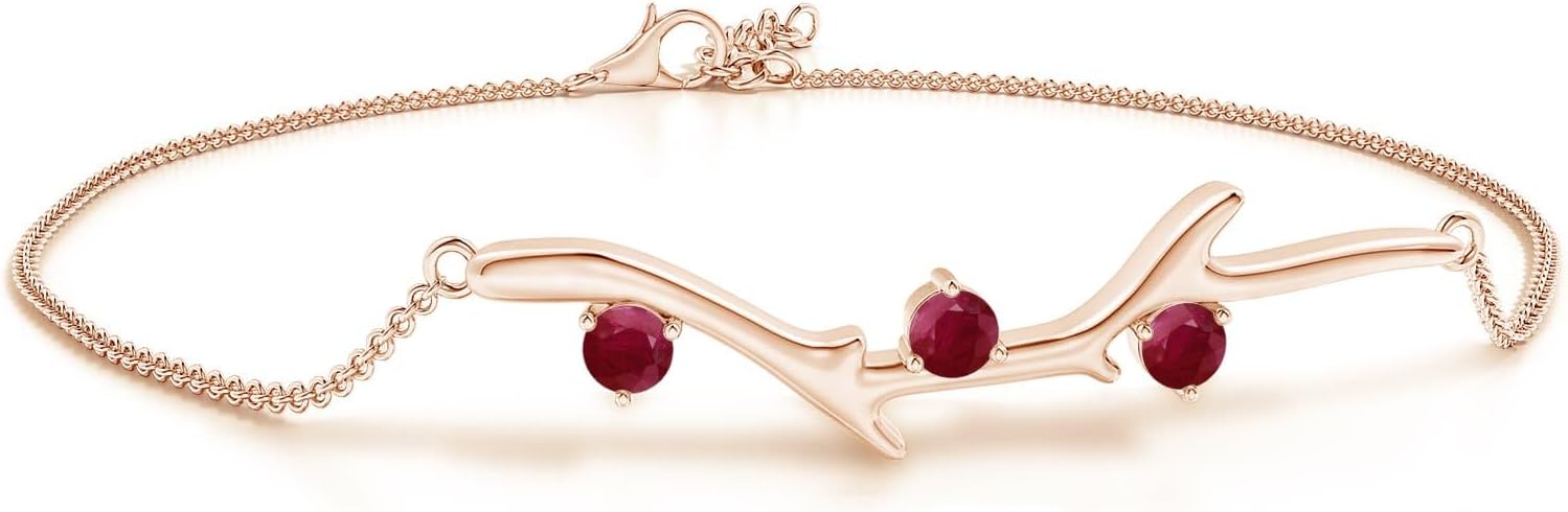 Angara Round Ruby Tree Branch Bracelet in 14K Solid Gold/Platinum | Natural Ruby Stackable Bracelet for Women | July Birthday Red Stone Jewelry Gift | Length-7 inch