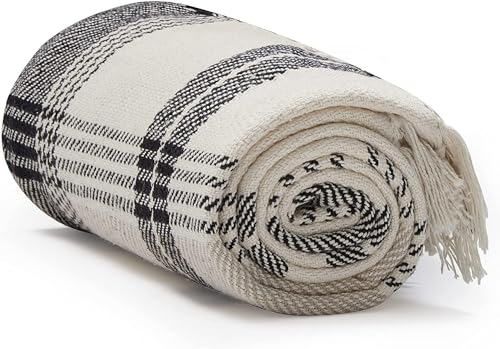 Americanflat 50x60 Throw Blanket - Soft and Breathable Cotton Throw Blanket for Couch, Bed, Chair - Decorative Blankets Perfect for Home, Office, or Outdoor Use - Black and Beige Plaid Design