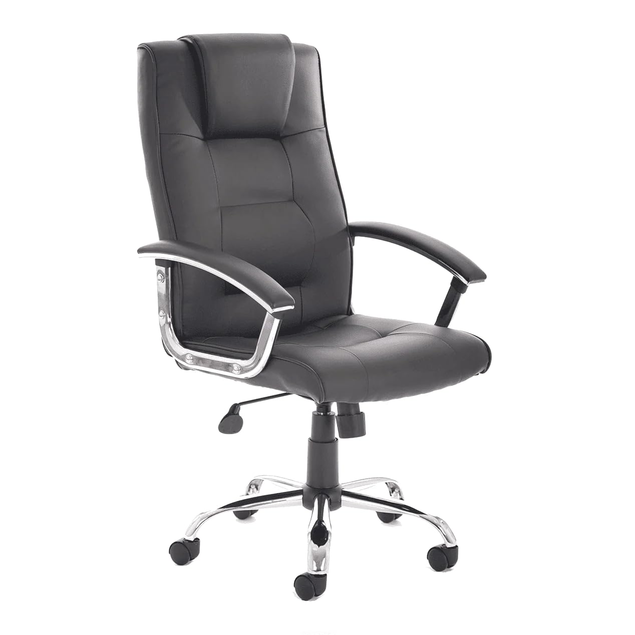 ThriftOPO Executive Office Chair Black Bonded Leather with Arms | Executive Boardroom Chair with High Back Large Seat and Tilt Mechanism | Matching Chrome 5 Star Base and Arms Black Leather