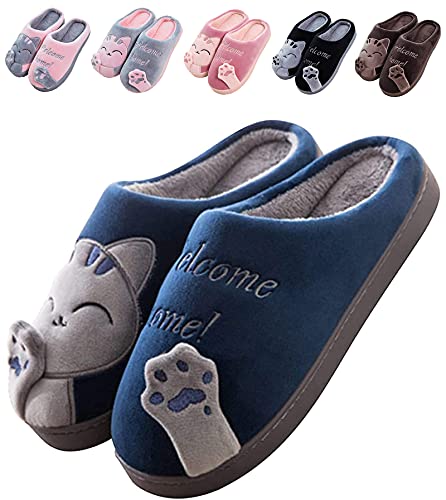 JACKSHIBO Hausschuhe Damen, Herren Pantoffeln Winter Plüsch Warm Filzpantoffeln Frauen Bequeme Slippers Cartoon Cat, Blau 44/45 EU Cover