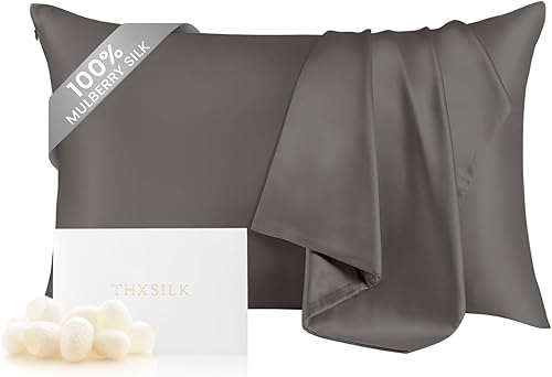 THXSILK Funda de almohada 100% seda de morera para cabello y piel, hipoalergénica, suave, transpirable, con cremallera oculta, 1 unidad (gris