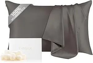 THXSILK 100% Mulberry Silk Pillowcase for Hair and Skin, Both Sides Grade 6A+ Pure Natural Silk Pillowcase, Soft Breathable Zipper Pillow Case Queen Size 20"x30", Dark Grey