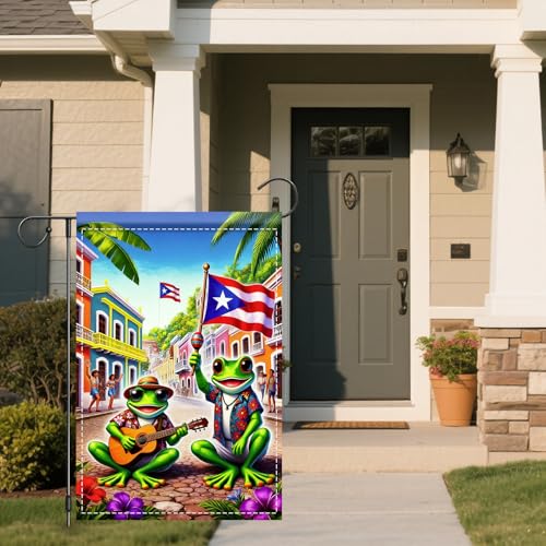 Image of Nuxovilar Puerto Rico Garden Flag Frog Guitar Polyester Decor 12x18inch