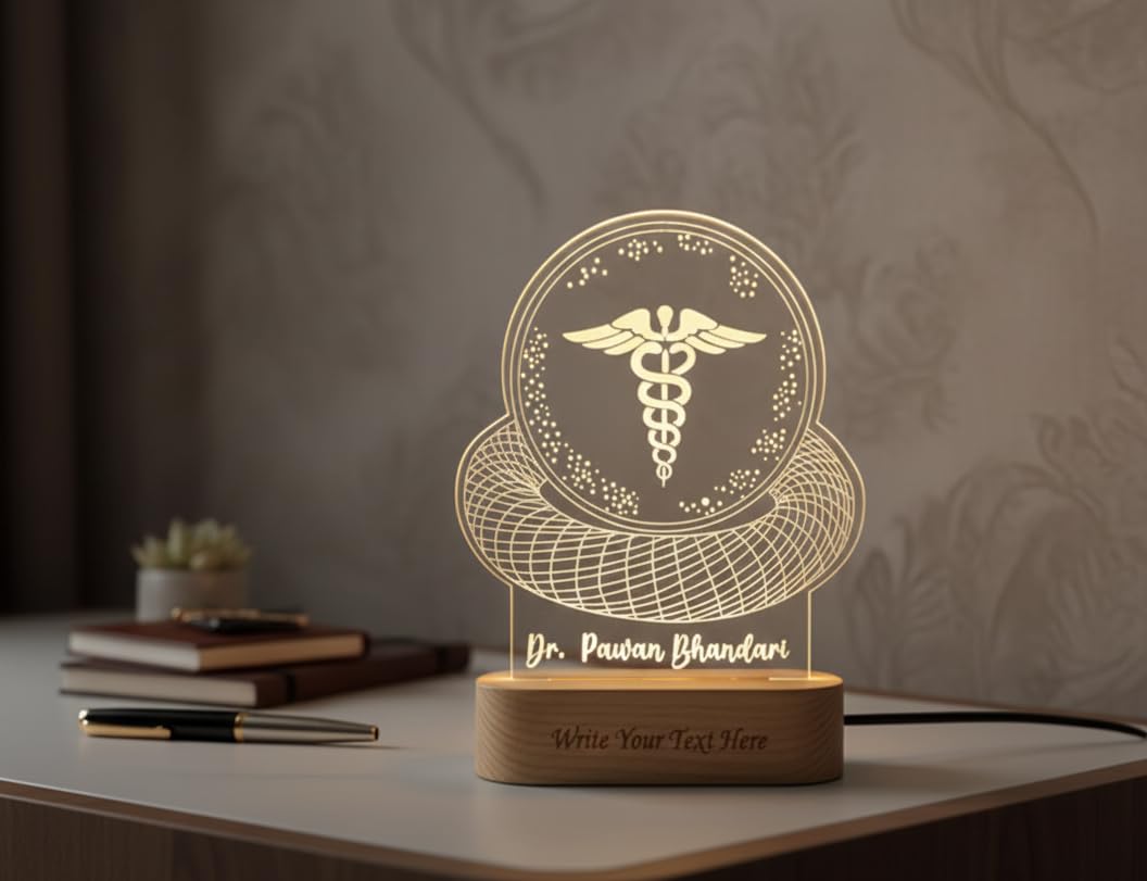 SHAYONA Personalized Customized Doctor Name and Hospital Name Engraving on Wooden Base Warm White Color Table Desktop Led Lamp-22CM 4