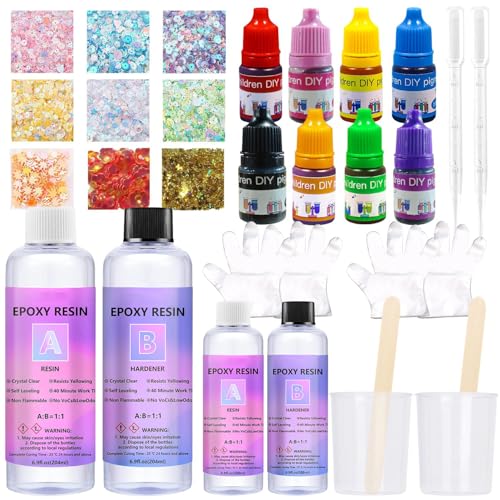 Resina Epoxi Transparente,Resina Epoxi Kit 608ml,A:B Relación 1: 1 Endurecedor,Kit Completo Incluyen Purpurina, Colorante, Taza Medidora y Guantes,Ideal para Hacer Joyas, Marcapáginas y Llaver