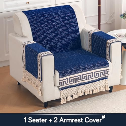 Image of HOKIPO 'Imperial Tassel Series' Premium Chenille Jacquard Sofa Cover Set for 1 Seater for Seat, Back & Arms with Tassels, Royal Blue (IN-1009 + IN-1012-I4*2)