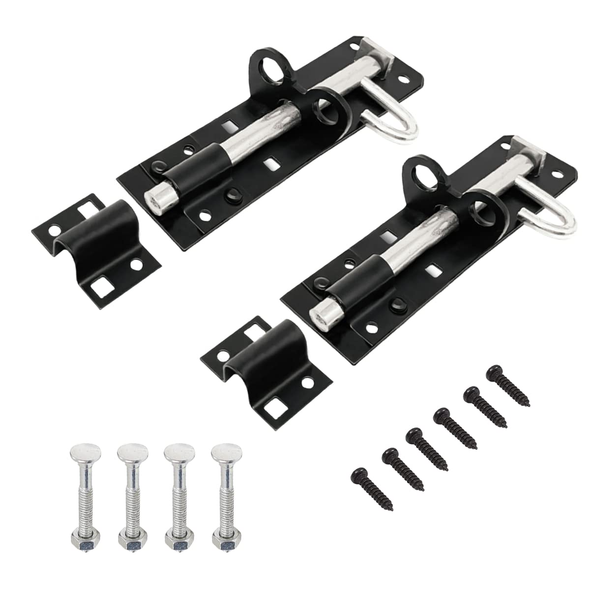 2PCS 6” Black Brenton Bolt, Powder Coated Heavy Duty Steel Door Bolt, Surface Mounted with Fixings