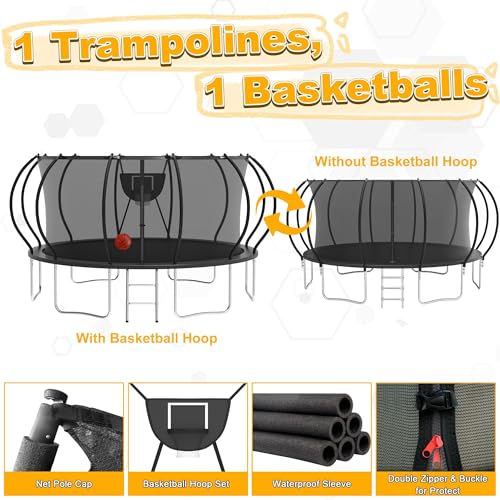 1500LBS Tranpoline Outdoor 8 10 12 14 16FT Tranpoline for Kids and Adults,【Easy to Install & Built to Last】 Recreational Tranpolines with Net, Light+Sprinkler, Basketball Hoop, ASTM Approved
