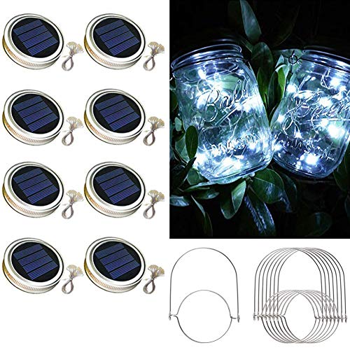 Solar Mason Jar Lid Lights,8 Pack 30 Led Lights Starry Fairy Firefly Jar Lights, Solar Lantern Lights for Outdoor Patio Garden Yard Wedding Decor,8 Hangers Included(Jars Not Included) (Cold White)