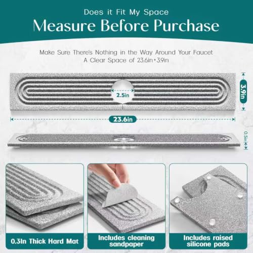 Image of Eormoe Stone Kitchen Sink Faucet Mat, Premium Upgraded Food Grade Diatomite Drying Stone Tray & Splash Guard, Fast Drying Sink Protector for Kitchen Counter, Dishwasher Safe (23.6 inch x 3.9 inch)