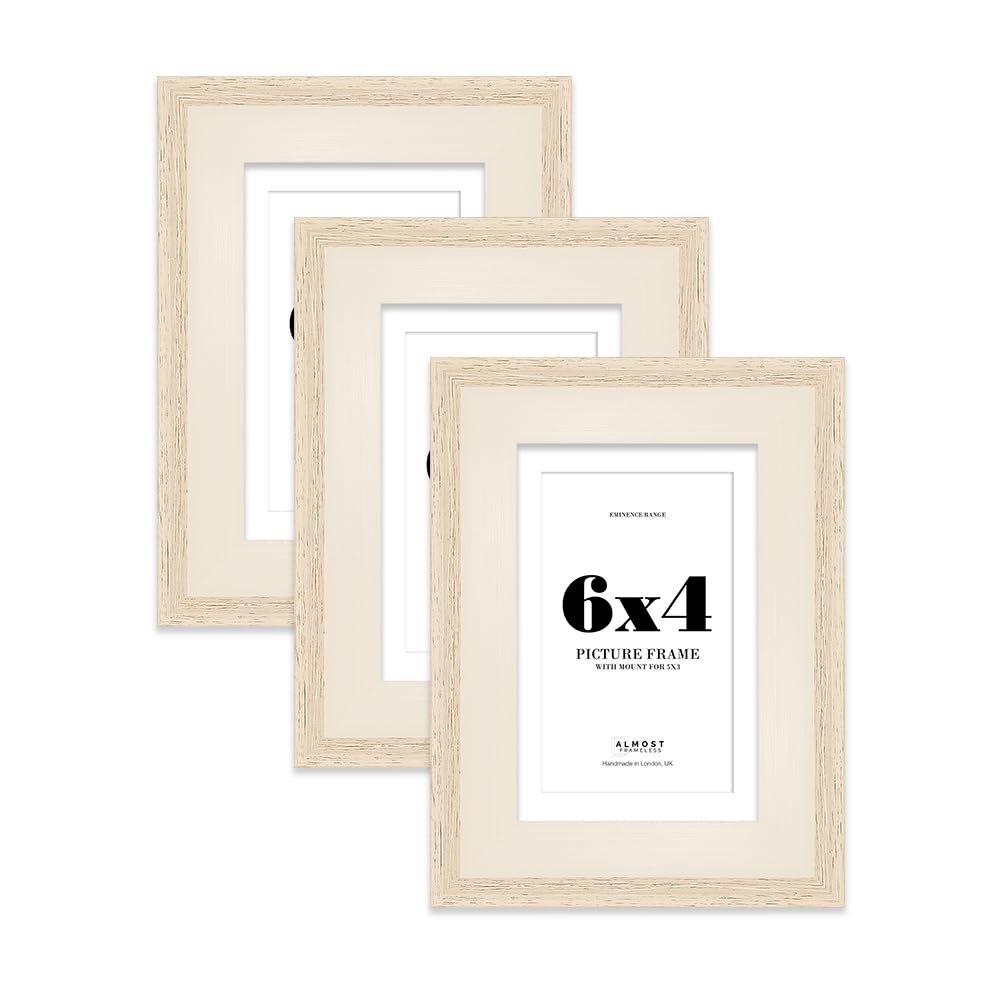 6x4" Oak Picture Frame with 5x3" Mount - Shabby Chic Photo Frame with Distressed Finish, Wall Hooks and Kickstand, 32mm Edge - 3 Pack