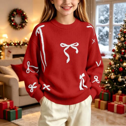 Girls Bow Christmas Sweater Cute Ribbed Crweneck Pullover Sweaters 5-16Y - image 2