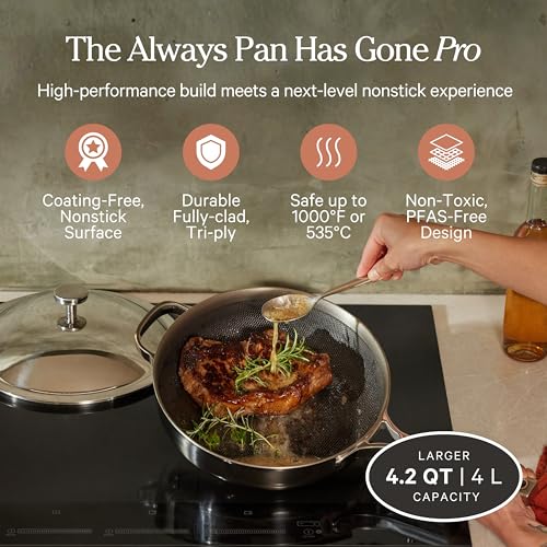 Image of Our Place Large Titanium Always Pan Pro | 12.5 inch PFAS-Free Nonstick Frying Pan with Spatula | Chef-Grade Tri-Ply Stainless Steel & Aluminum Build | Induction & Oven-Safe up to 1000F | Chrome