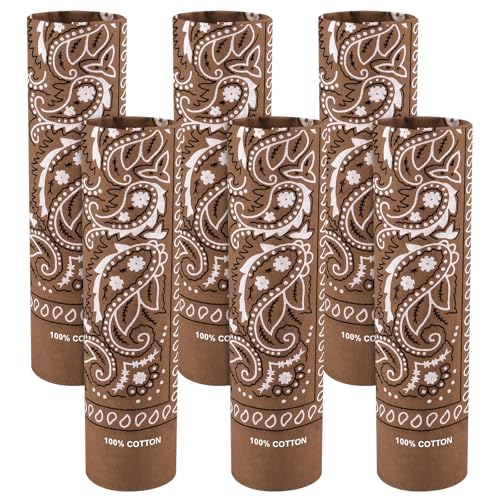 BOUBONI Paquete de 6 bandanas 100 % de algodón con estampado de cachemira, diadema, pañuelo, pañuelo para mujeres y hombres, Marrón, 22x22 inches