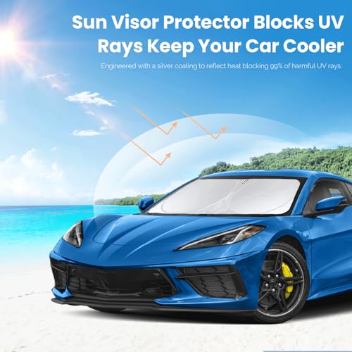 Sunshade for Chevy Corvette Windshield Sun Shade for Chevrolet Corvette C8 2020-2024 2025 2026 Grand Sport Corvettes Accessories Foldable Sun Visor Protector Front Window Shield Cover Block UV Rays