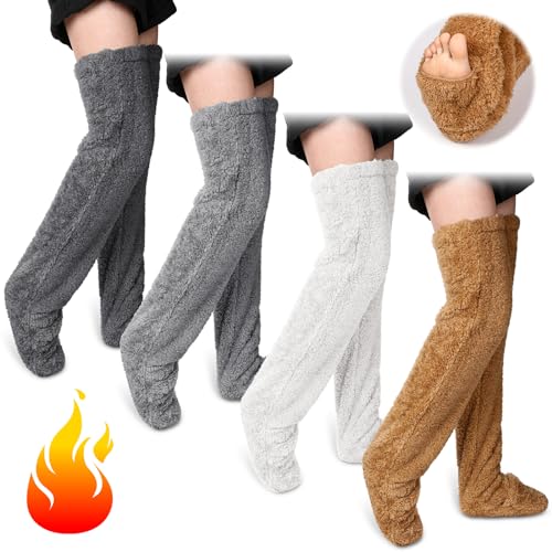 4 Pairs Over Knee High Long Fuzzy Socks Furry Leg Warmers Cozy Extra Thick Winter Plush Slipper Stockings for Women
