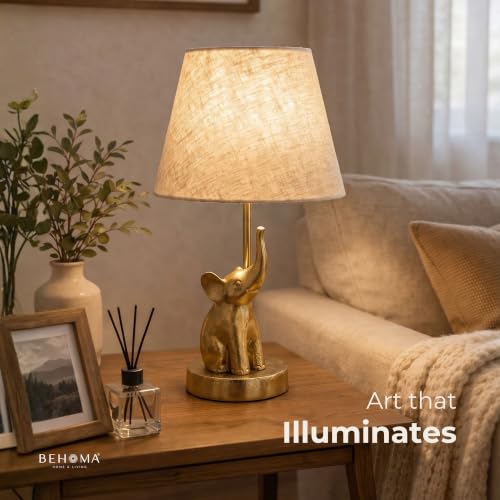 Image of BEHOMA Elephant Table Lamp with Antique Aluminium Base & Fabric Shade | Elegant Home & Office Decor | Gift for Men, Kids, Housewarming Anniversary & Birthday Diwali Festivals (Bulb Not Included)