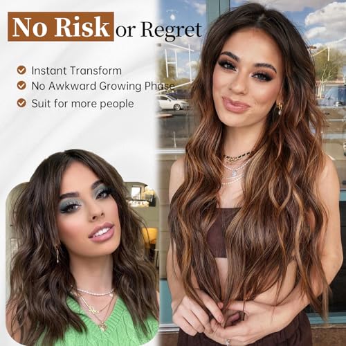 Image of AISI HAIR Long Wavy Brown with Blonde Highlight Lace Hairline Wigs for Women, Middle Part Synthetic Heat Resistant Wig for Daily Party-26 Inch