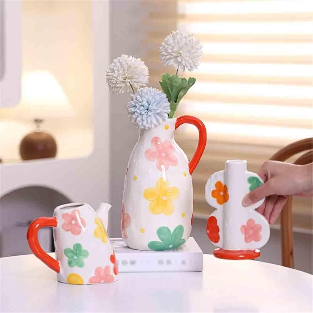 Jarron Flores Jarrón de cerámica Pintado con Flores Artificiales pintadas a Mano, arreglo Floral for decoración Sala Estar Jarrones Decorativos