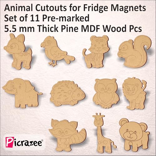 Image of PICRAZEE DIY Art & Craft Kit 11 Animal Cutouts for Fridge Magnets in Pine MDF | Acrylic Colors, Brushes, Palette & Magnets | Ideal for All Kinds of Painting & Kids DIY Projects (M6), Multicolor