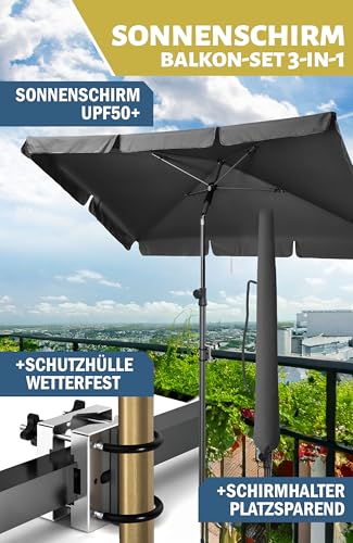 Menz Sonnenschirm Balkon - 3-IN-1 SET - UV50+ Sonnenschirm rechteckig 200x125 cm + Sonnenschirmhalter Balkongeländer + Sonnenschirmhülle - Sonnenschutz Balkon, Anthrazit 2
