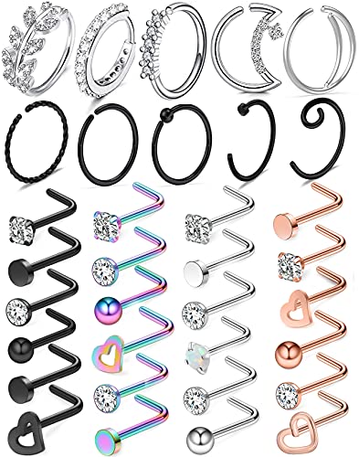 Yaalozei Nose Rings for Women 20g L Shape Nose Rings Stud Nose Piercing Jewelry Surgical Stainless Steel Nose Rings Hoop Nose Ring Nostril Nose Body Piercing Jewelry for Women Men Silver Rose Gold