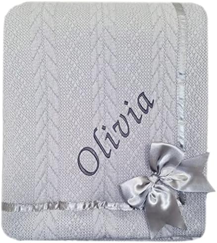 Kids Essentials Baby Boy Girl Personalised Knitted Bow Blanket Blue Pink White Grey (Pink Bow)