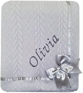 Kids Essentials Baby Boy Girl Personalised Knitted Bow Blanket Blue Pink White Grey (Pink Bow)