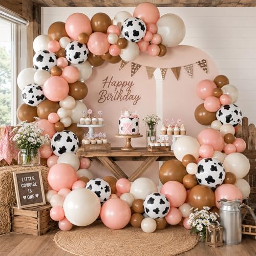 Image of Cow Print Balloons, 60 Pcs 12 Inch Brown Pink Ivory White Latex Balloons for Cow Birthday Party Decorations Cowgirl Baby Shower Western Party Decorations