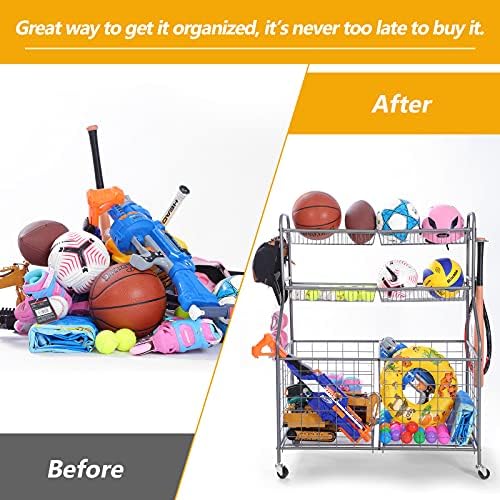 Garage Sports Equipment Organizer, Sports Equipment Storage for Garage with Baskets and Hooks, Rolling Basketball Racks for Balls with Wheels, Outdoor Toy Storage (Grey) - 4
