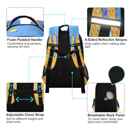 Image of Ice Cream Blue Backpacks with Chest Strap,Lightweight Bookbags 17 Inch,Summer Cute Casual Daypack Bags
