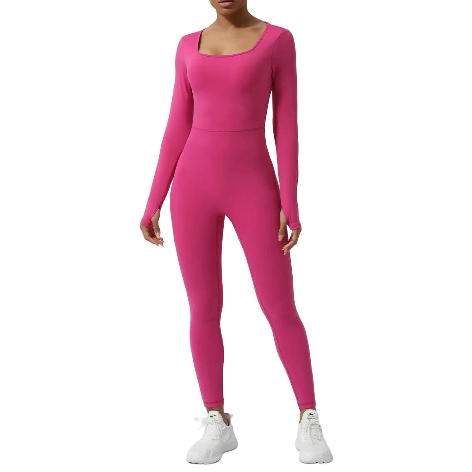 Shapewear Women Long Sleeve Gym Kombinezon Zestaw Jogi Sexy Ażurowe Powrót Odzież treningowa Kobieta Oddychająca Sportswear-Różowa Czerwony-L