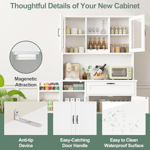 Image of Shintenchi Kitchen Pantry Storage Cabinet, Freestanding Buffet Cabinet with Microwave Stand & 4 Door Shelves, Kitchen Hutch with Doors, Adjustable Shelves and Wine Rack, White